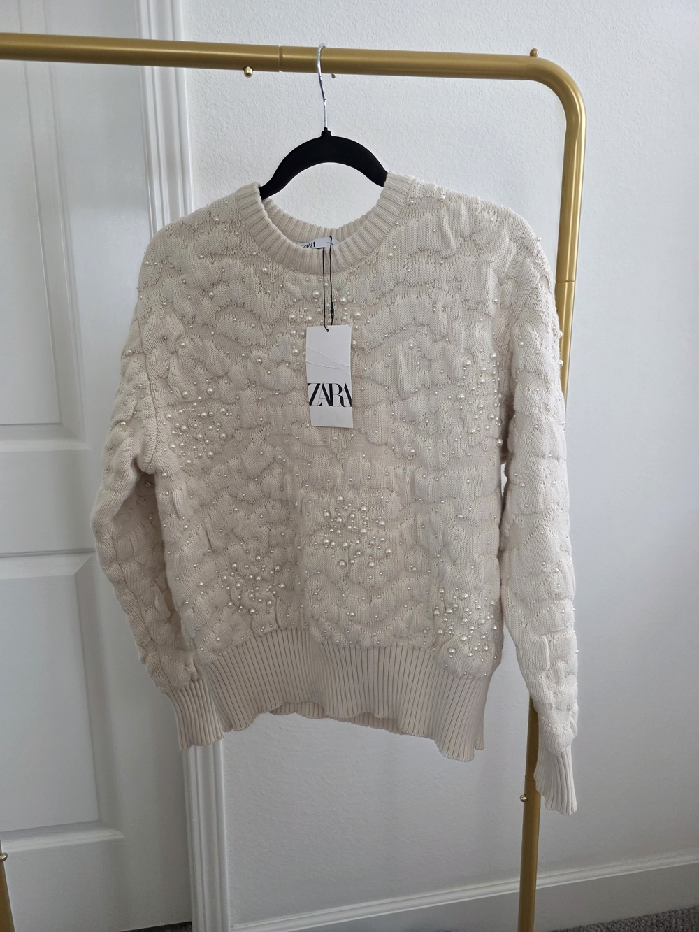 Zara Women’s Textured Cream Pearl-Embellished Knit Sweater Jacket